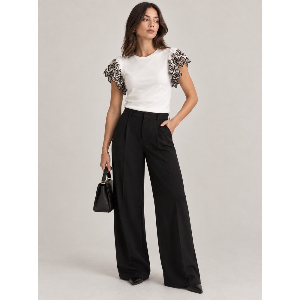 Elie Tahari White Black Eyelet Embroidered Flutter Sleeve Top Large NEW $275